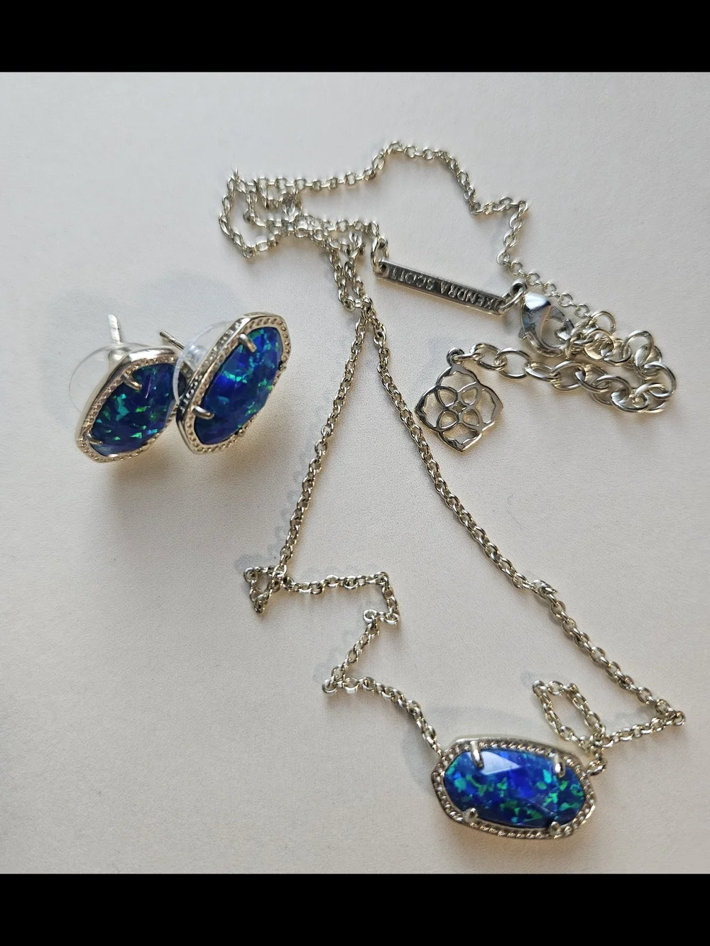 Blue Opal Oval Pendant Necklace and Stud Earrings Set - Gold